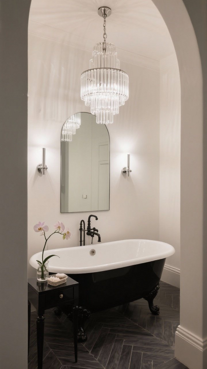 Wide corner angle: A soaking tub vignette with a frosted rod chandelier of tiered glass batons suspended above a black-footed clawfoot tub. Slim polished chrome uplight/downlight sconces frame an arched mirror. Charcoal herringbone floor tiles contrast with soft ivory walls. A small lacquered side table set with bath salts and a delicate orchid adds a luxe note. Balanced, serene evening lighting emphasizing the chandelier glow, photorealistic.
