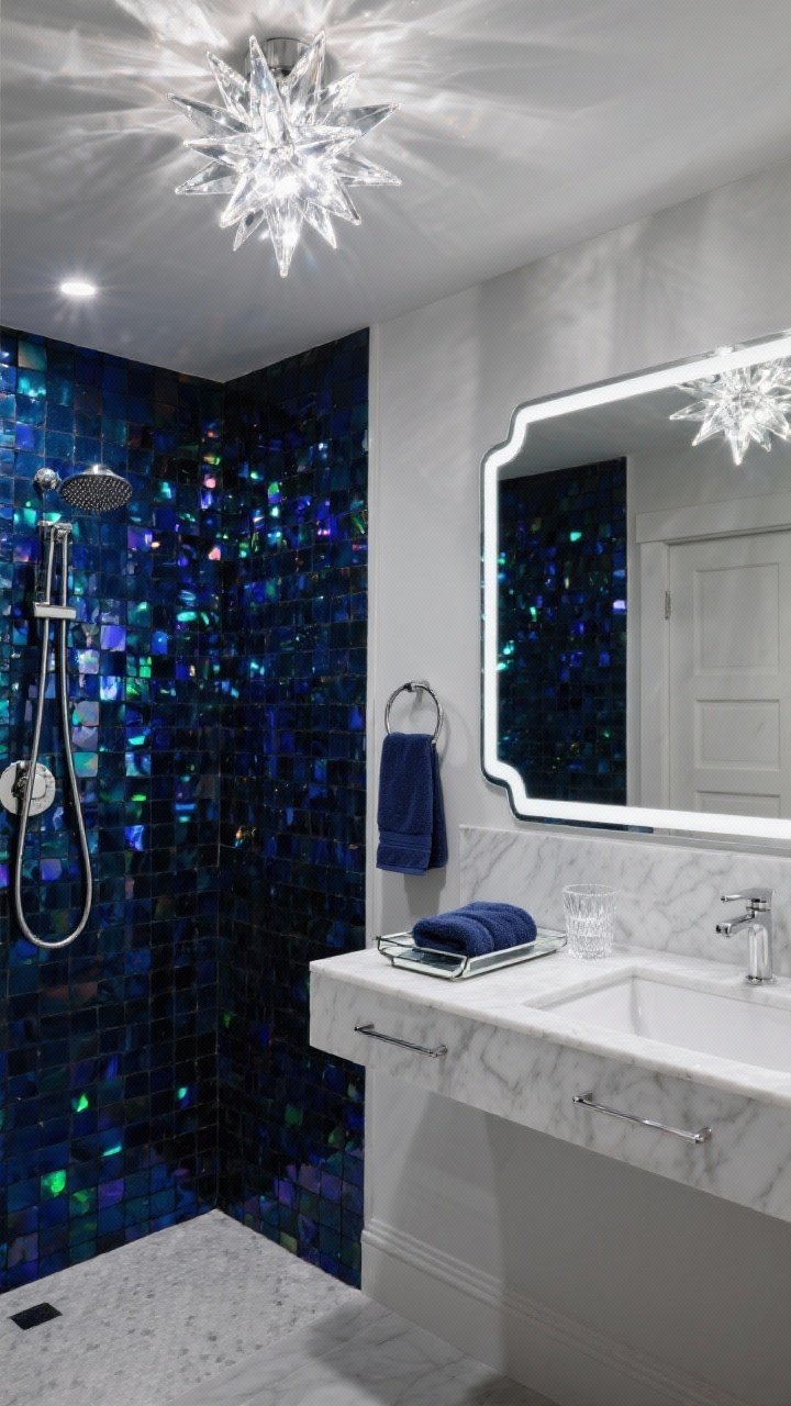Wide corner angle: Dramatic bathroom with a shower wall covered in midnight blue iridescent mosaic tiles. Overhead, a chrome starburst flushmount with faceted glass throws dazzling reflections. A white stone floating vanity with thin chrome pulls sits opposite, topped by a rectangular mirror with subtle stepped corners. Accents include navy hand towels, a mirrored tray, and a cut-glass tumbler. High-contrast sparkle, photorealistic, evening glow.