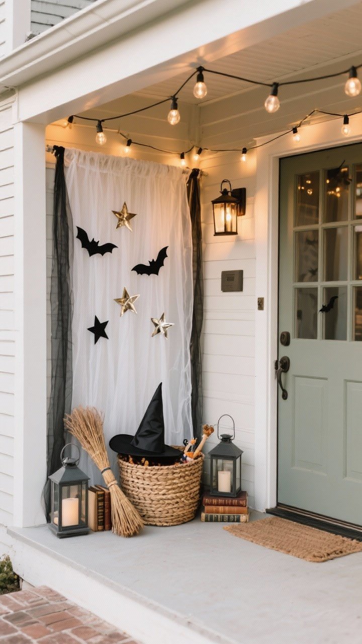 Wide corner shot of a front porch photo op: a designated photo nook with a hanging gauze curtain backdrop, black paper bats and metallic stars pinned on; a woven basket of props—witch hats, tiny brooms, vintage books—beside the door; warm string lights overhead and two lanterns at hip height for flattering portraits; clean, effortless styling.