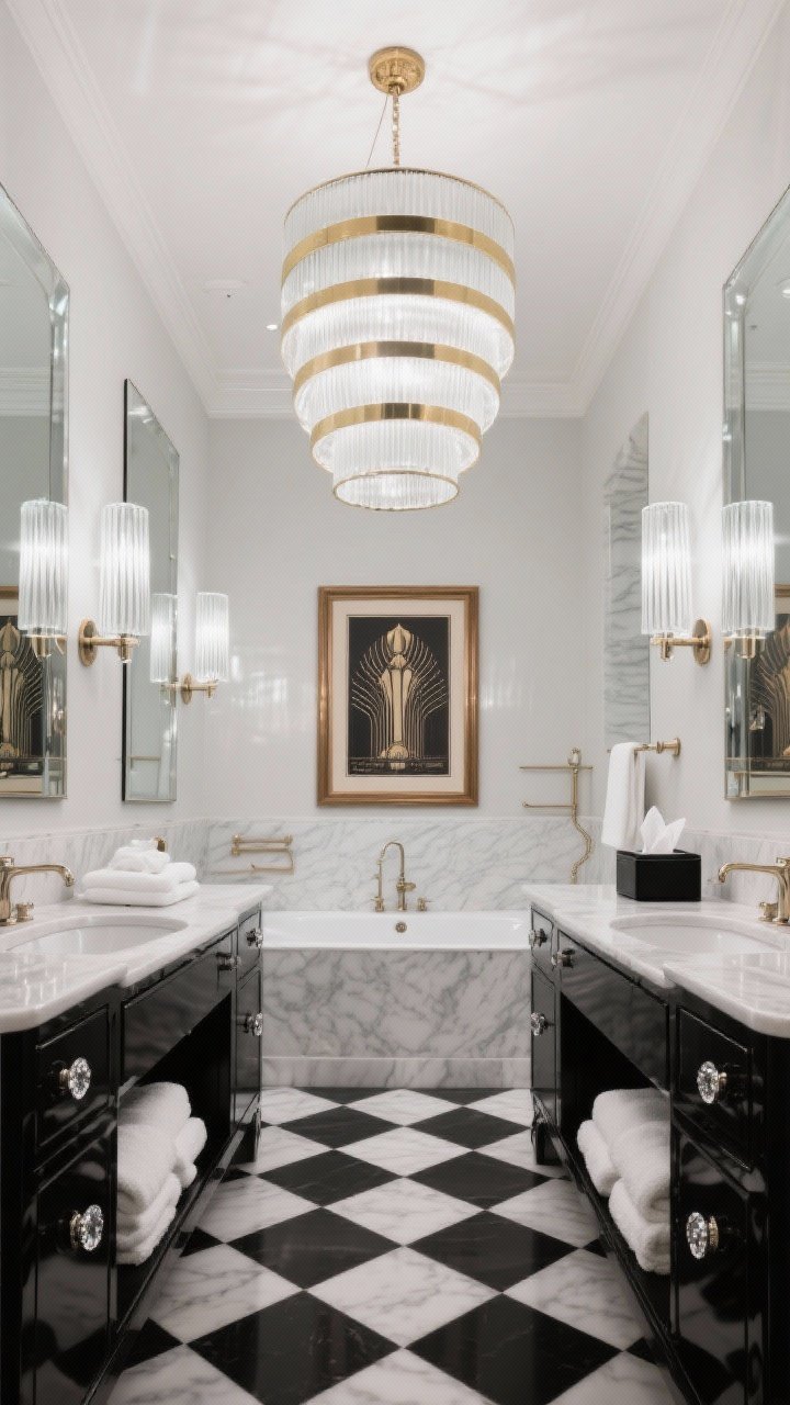 Wide hotel-style view: Grand Art Deco bathroom with a tiered drum pendant of frosted glass and brass bands centered in the room. Tall beveled mirrors flanked by ribbed-glass tubular sconces. Black-and-white checkerboard floor laid on the diagonal. Double vanity in glossy black with crystal knobs, plush white towels, a black lacquer tissue box, and a bronze-framed Art Deco poster. Bright, refined lighting, photorealistic.