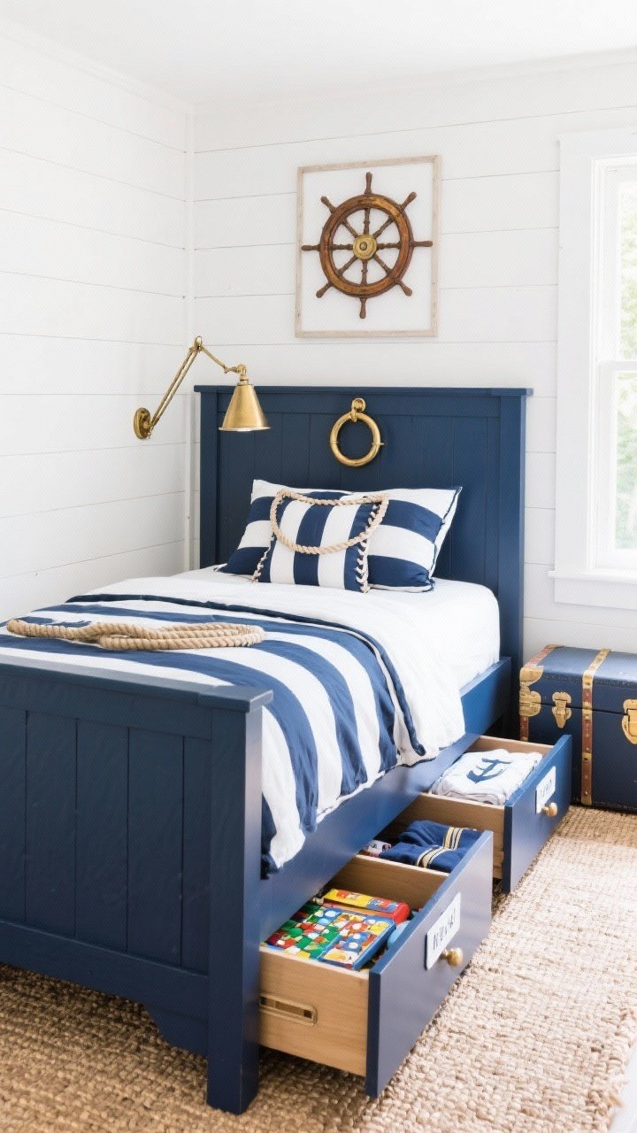 Wide nautical preppy bedroom: navy twin captain storage bed with brass ring pulls centered against crisp white shiplap walls. Bedding is navy-and-white striped; rope-stitched accent pillow; brass swing-arm sconce above. Decor includes a ship wheel art piece, a navy trunk at the side, and a sisal rug. Drawers labeled and filled with uniforms, board games, and extra sheets. Bright, clean daylight.