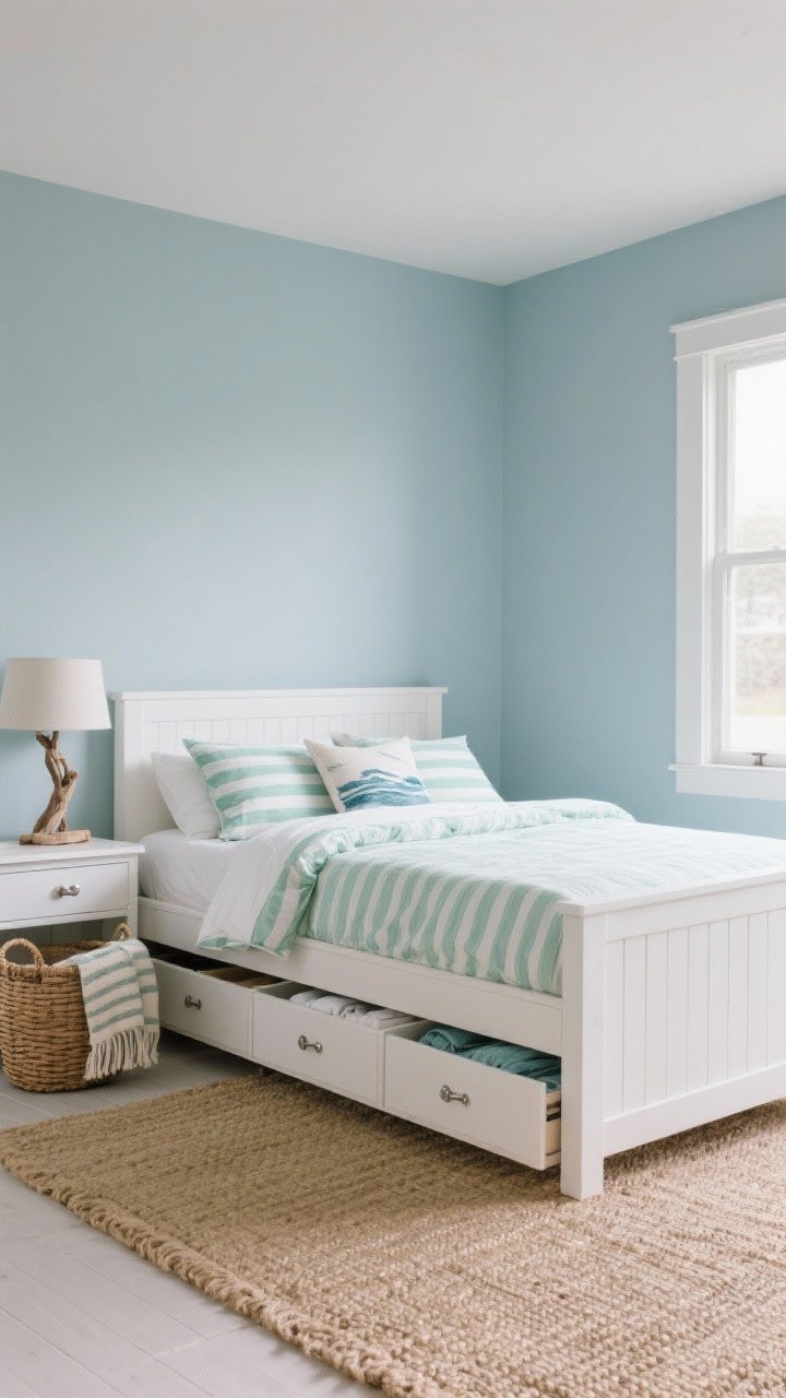 Wide, photorealistic coastal bedroom shot: a whitewashed twin captain storage bed with smooth, low-profile drawers and brushed nickel pulls, set against misty blue walls. Styling includes a white-and-sea-glass-green striped duvet, ocean-inspired pillows, a jute rug underfoot, a rattan basket with throws, and a driftwood lamp on a simple bedside. Soft natural daylight; show open bottom drawers with neatly folded off-season linens.