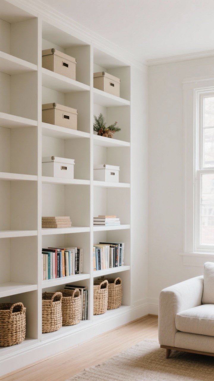 Wide shot: A small living room with tall, wall-to-wall shelving units painted the same soft white as the walls, stopping 10 inches below the ceiling; lower shelves styled with neatly arranged books and woven baskets, uppermost shelves holding seasonal storage boxes; clean lines, airy minimal aesthetic, natural daylight from a side window elongating vertical lines, matte finishes and light textures for a seamless built-in vibe.