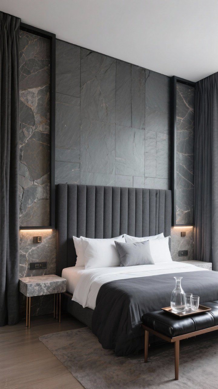 Wide shot, hotel-inspired straight-on view: Steel-and-stone retreat with a feature wall clad in slim slate panels framed by black steel trim. A tall graphite upholstered headboard with vertical channels, crisp white sateen sheets, charcoal duvet, and two dove-gray euro pillows for plushness. Integrated LED headboard strips with dimmers casting a soft glow. Stone-topped nightstands with thin bronze legs, floor-to-ceiling deep gray blackout curtains for dramatic drape. A bench in black saddle leather at the foot, tray with glass carafe and tumblers. Luxurious yet industrial ambiance.