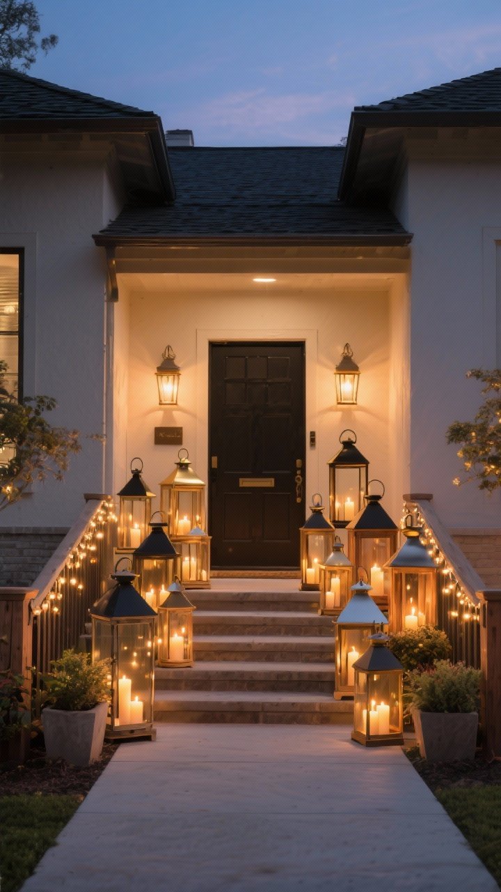 Wide shot of a front entry at dusk lit with layered glow: clusters of lanterns in mixed finishes—black, brass, and wood—flanking the door and lining the steps, each with warm-toned flameless candles (2700K–3000K); subtle string lights wrapped along the railing and tucked into planters; clear, unobstructed pathway; warm, cinematic evening ambiance.