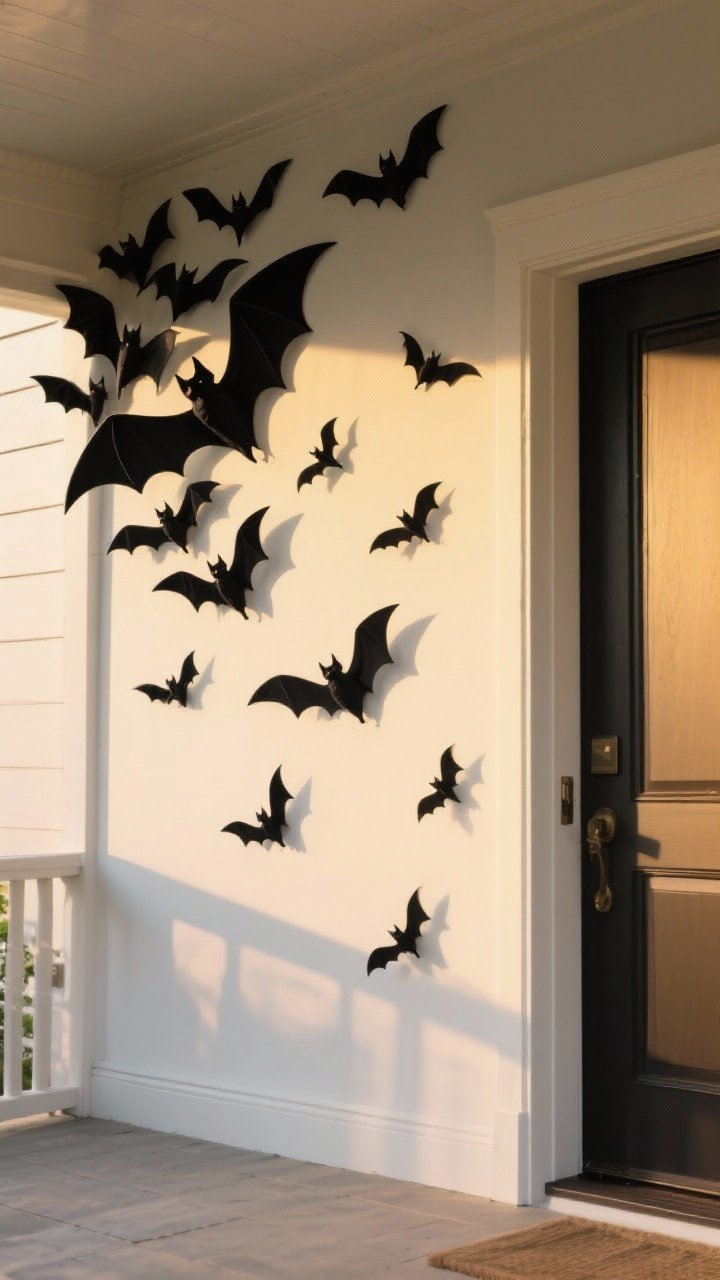 Wide shot of a porch wall with a flying bats moment: 3D black bats clustered at the top-left corner, scattering diagonally across the wall and door with varied sizes (larger near the cluster, smaller as they spread), attached with removable adhesive; minimal additional decor for a graphic, modern look; golden-hour light casting soft shadows of the bats.