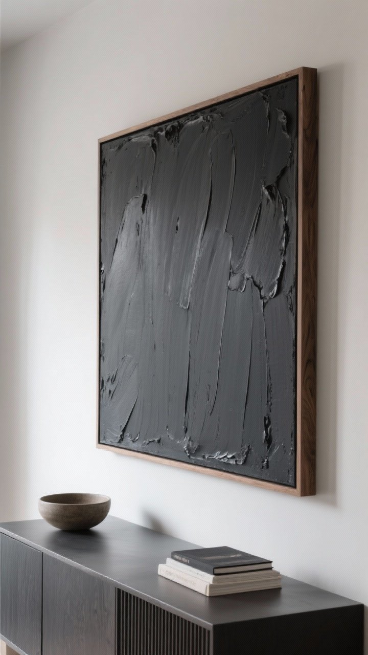 Wide shot of an oversized monochrome canvas over a console: 48-inch-wide canvas painted in a single moody charcoal tone; tonal texture created with gesso and joint compound applied in sweeping strokes using a plaster knife, lightly sanded for refined ridges; clean edges and a simple natural-wood floater frame; quiet drama as side lighting casts delicate shadows across the texture; pared-back styling below with a small ceramic bowl and closed books, modern and intentional.