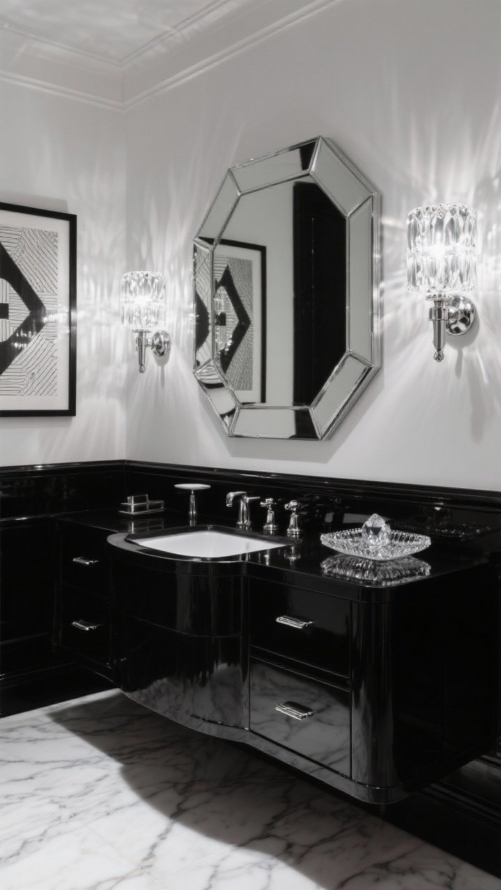 Wide shot, straight-on: A dramatic Art Deco bathroom featuring a black lacquer vanity with a mirror-gloss finish, flanked by polished nickel prismatic glass sconces that scatter crystal-like reflections. A bold octagonal mirror with a polished nickel frame hangs above, reflecting chrome hardware and the subtle veining of white marble floors. Tight monochrome palette of black, white, and silver with a monochrome geometric art print on the wall and a crystal-topped tray on the vanity. Cinematic evening lighting with sconces as the main light source, no people, photorealistic.