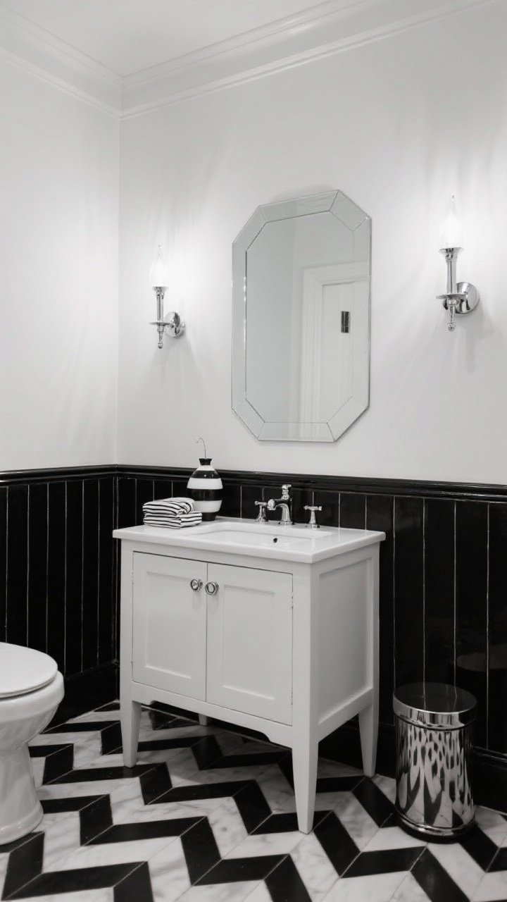 Wide shot, straight-on: Classic noir-and-ivory bathroom with ivory-and-black chevron floor tiles and chair-rail-height black tile wainscoting wrapping the room. Above the rail, chrome torchière sconces cast upward cinematic light. An ivory lacquer vanity with chrome ring pulls sits beneath a rectangular mirror with stepped corners. Minimal decor: a monochrome vase, striped towels, and a sleek chrome waste bin. High-contrast black-and-white palette, photorealistic, dramatic uplighting.