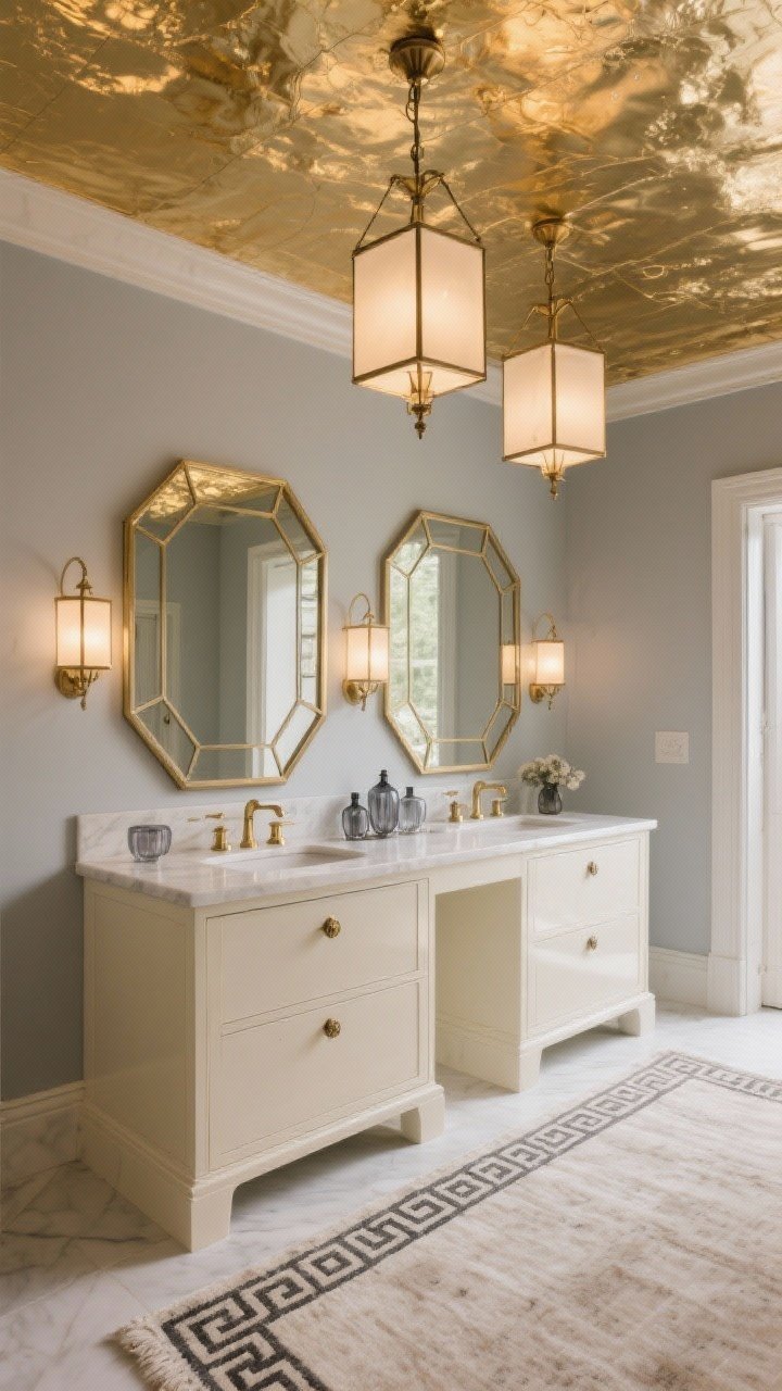 Wide shot upward tilt: Double vanity scene with geometric-framed opaline lantern pendants hanging above, their warm light reflecting off a subtle gold leaf ceiling for a shimmering effect. Soft dove gray walls, creamy lacquer vanity with antique brass hardware. A Greek key rug grounds the space, and smoked glass accessories sit neatly on the counter. Luxurious, opulent atmosphere, photorealistic.