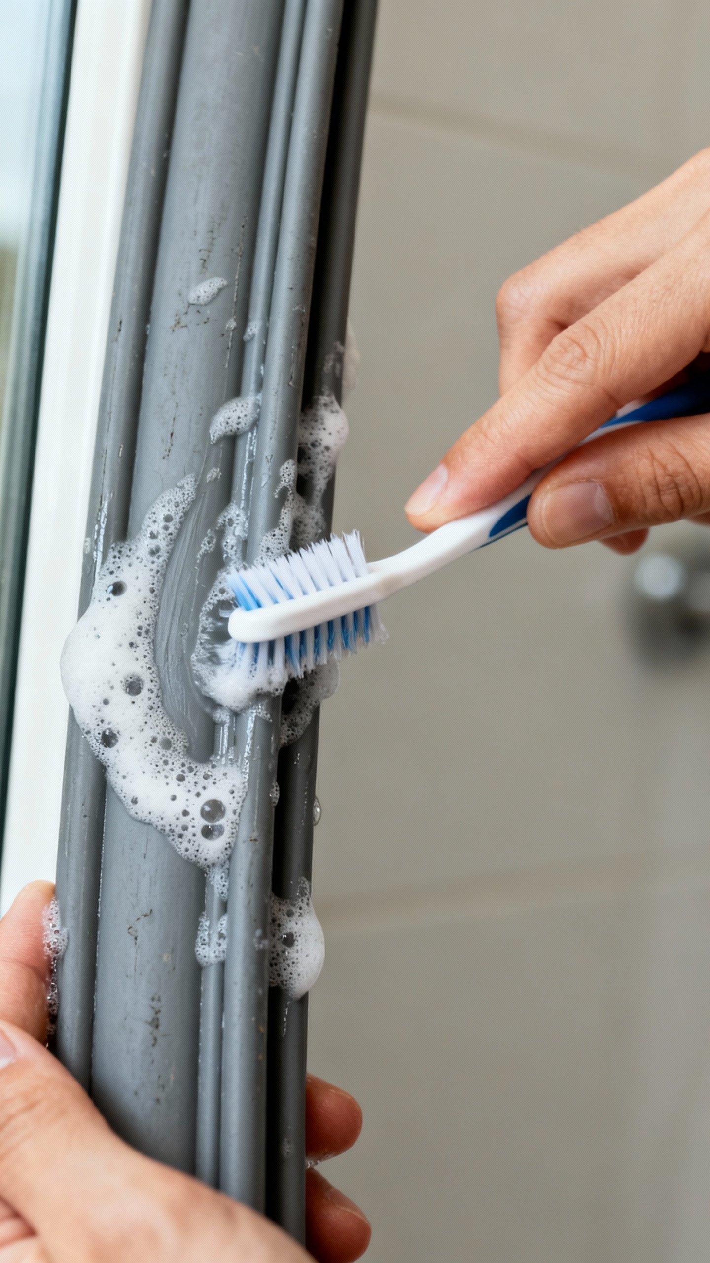 Closeup hands scrubbing gray rubber door gasket with toothbrush, soap suds