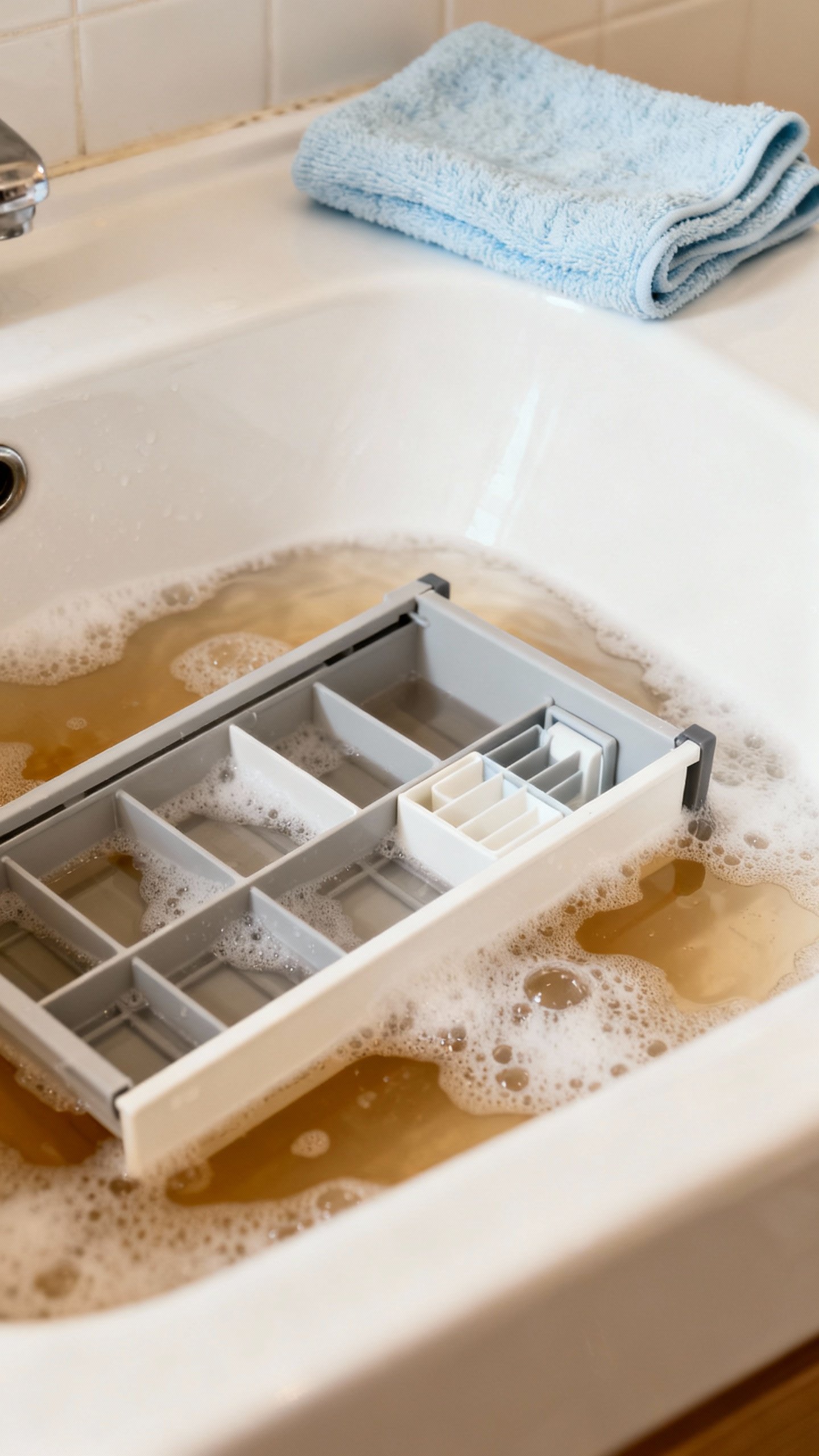 Detergent dispenser drawer disassembled in sink, parts soaking in warm soapy water, microfiber cloth