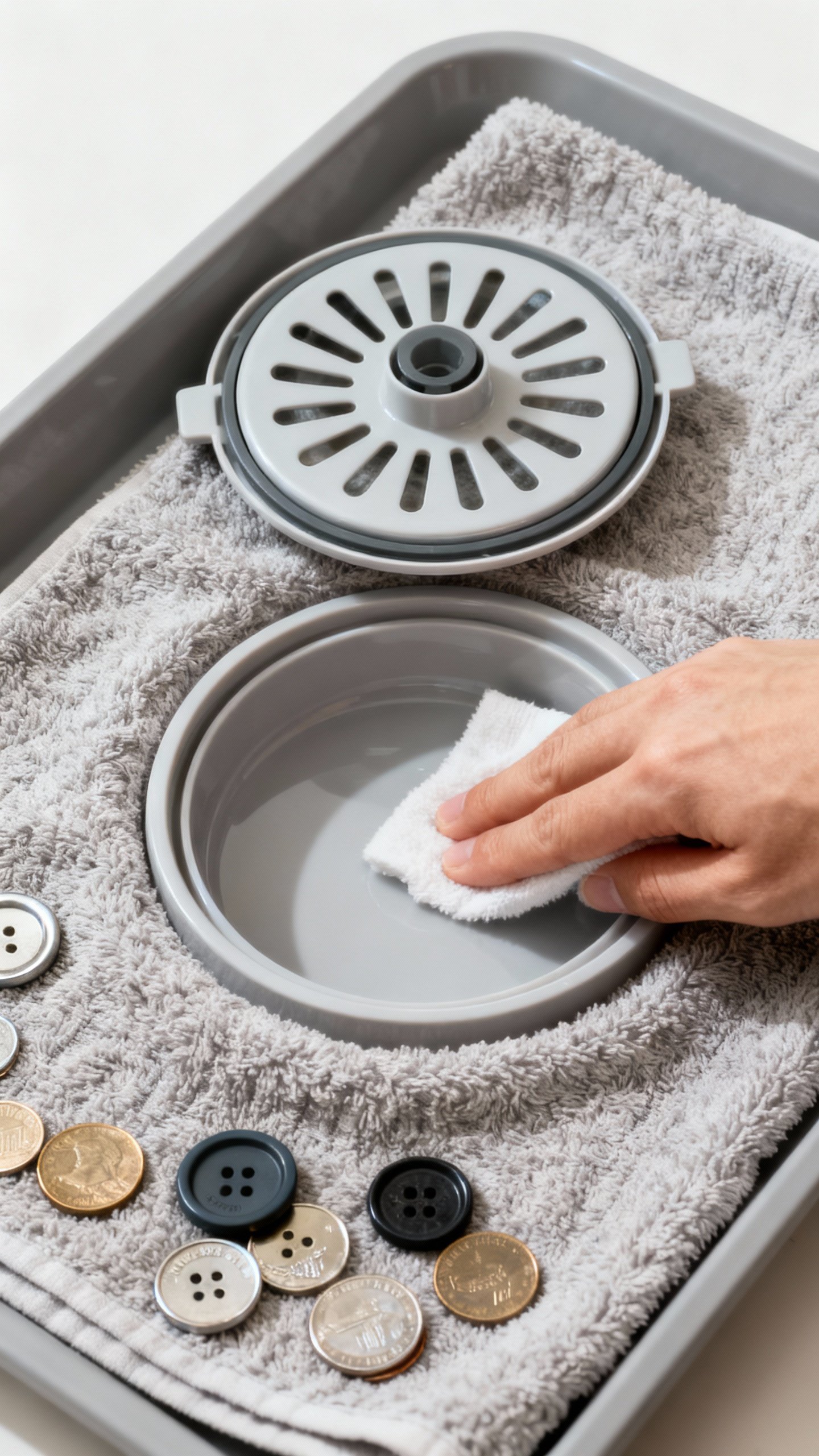 Front loader drain filter removed over towel-lined tray, coins and buttons visible, hand wiping cavi