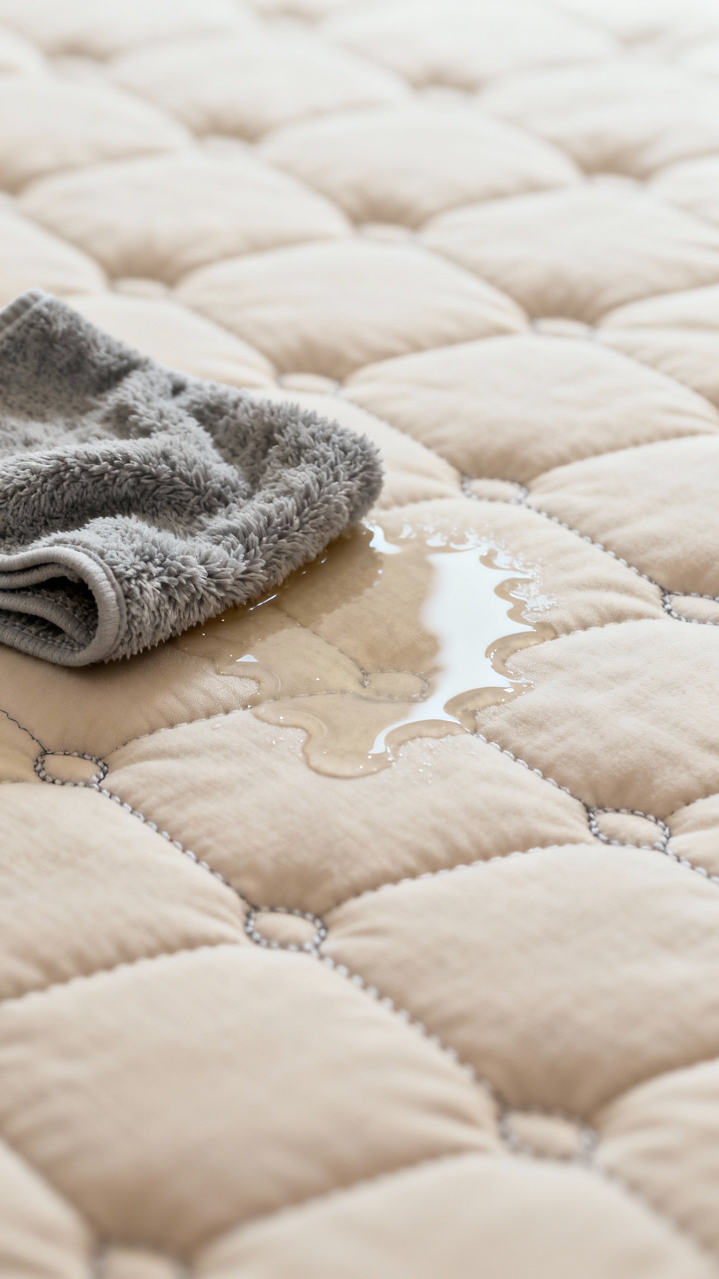 Microfiber cloth blotting fresh spill on tufted mattress