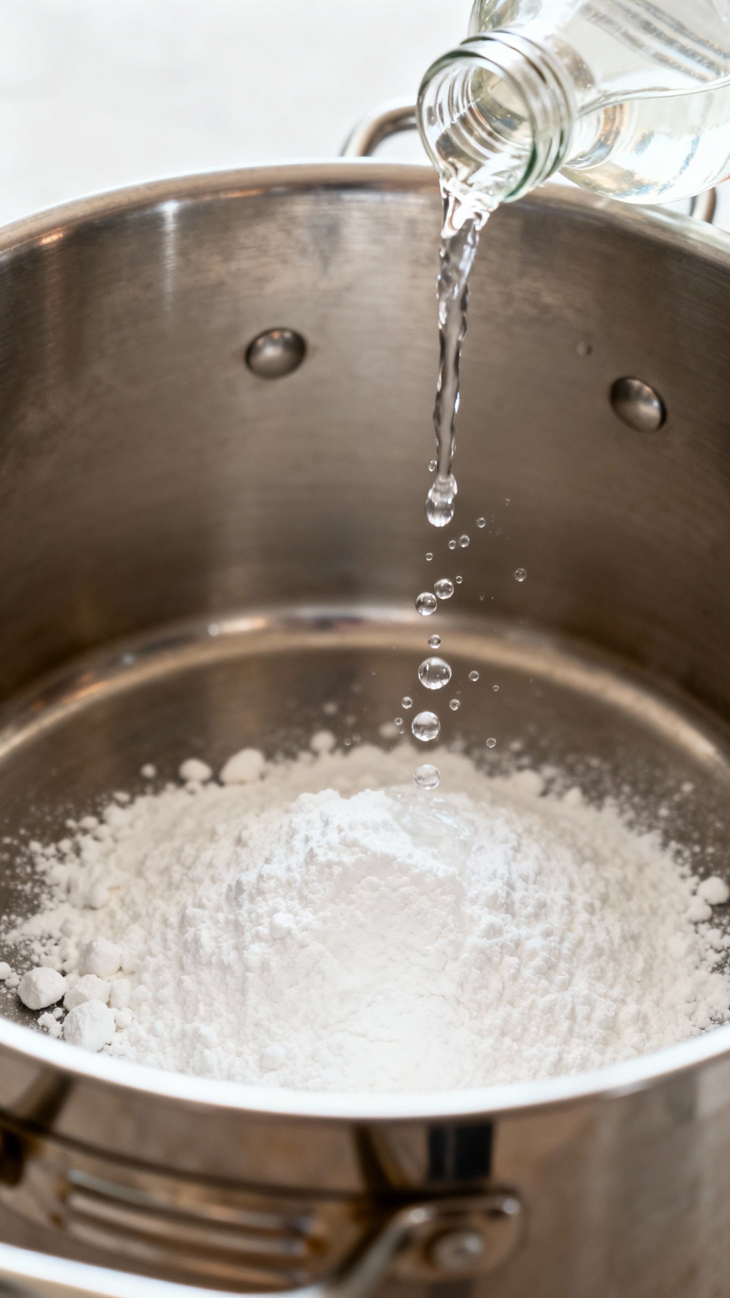 Overhead shot stainless drum with baking soda granules and white vinegar pouring