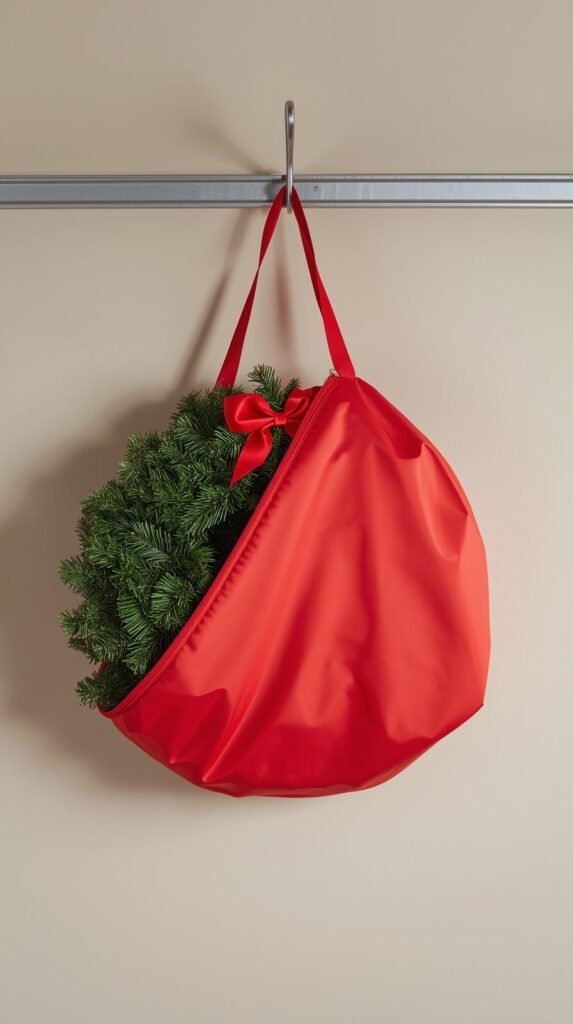 A Christmas wreath inside a red zippered wreath storage bag, partially open to show greenery and ribbon, 