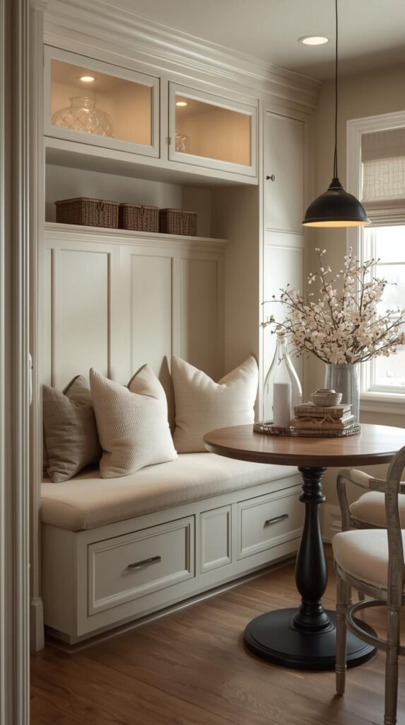 A breakfast nook bench with built-in drawers and soft fabric cushions. 