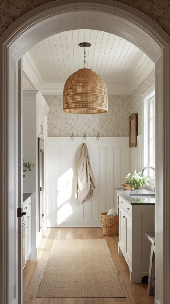 A bright kitchen or mudroom with beadboard-look wallpaper on the ceiling, clean cabinetry, natural textures.
