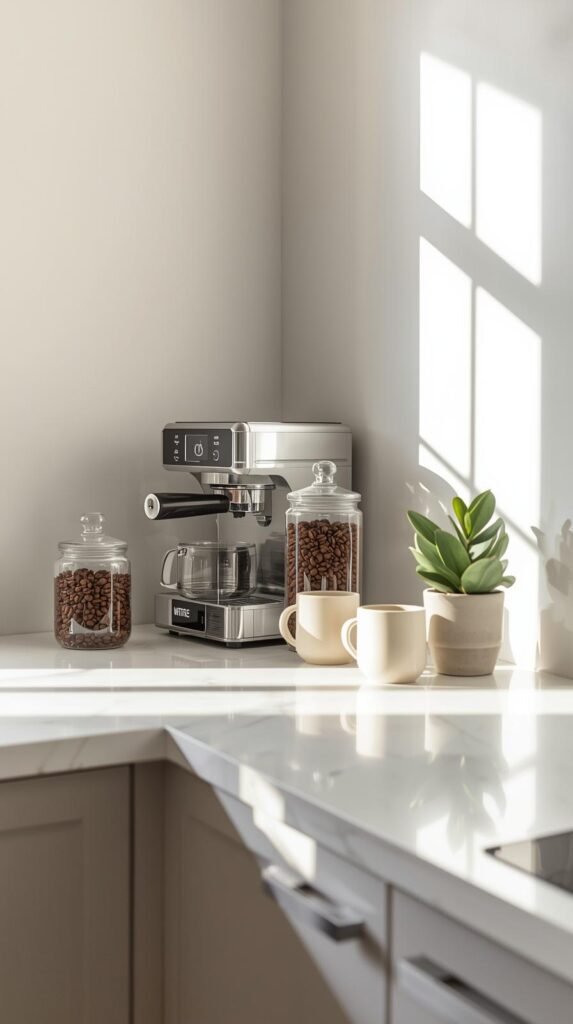 A bright, modern kitchen corner with a minimalist coffee bar setup. 
