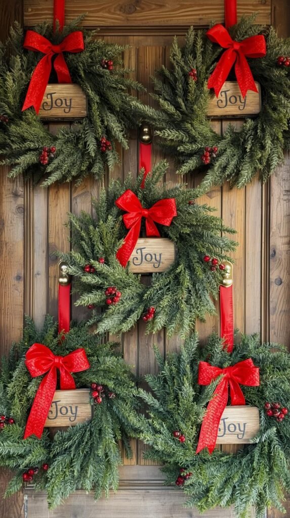 A collection of handmade wreaths with red ribbons, faux greenery, and wooden Joy signs hanging on a rustic door.