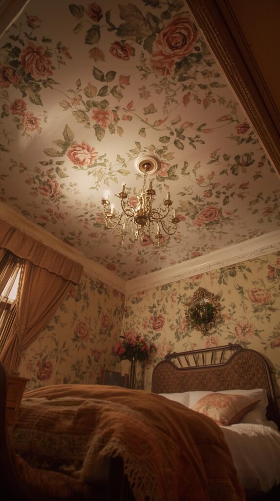 A cozy bedroom with vintage floral wallpaper on the ceiling, linen bedding, warm wood furniture