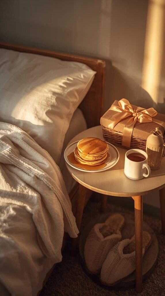 A cozy breakfast-in-bed scene with pancakes, syrup, robe, slippers, and a steaming mug. 