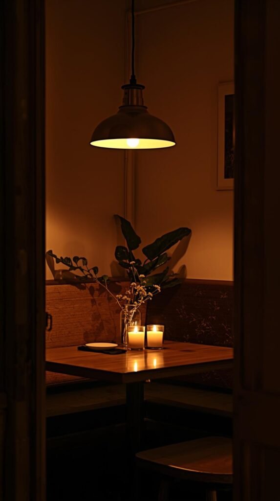 A cozy breakfast nook with a brass pendant light glowing softly above a small table. 
