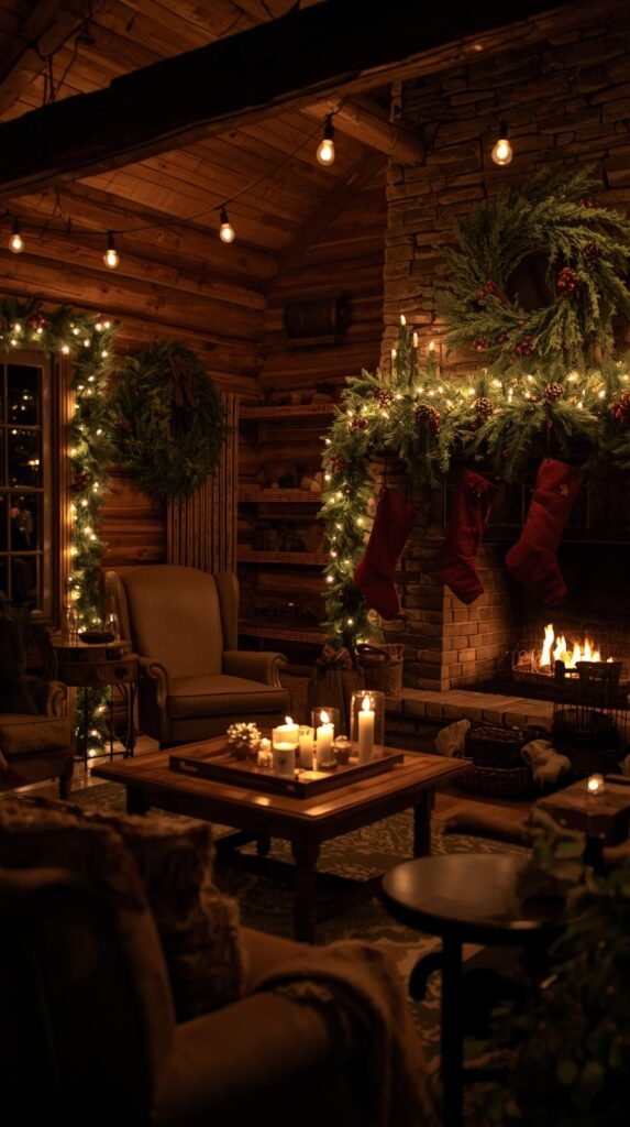 A cozy cabin-style living room at night with rustic Christmas decor — warm lighting, natural greenery, wood textures, and glowing candles. 