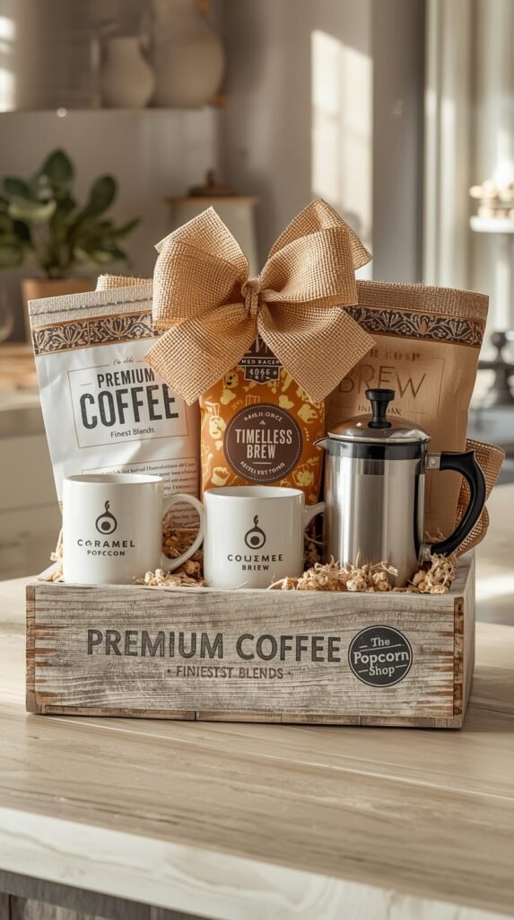 “A cozy coffee-themed gift basket arranged in a rustic wooden crate labeled ‘Premium Coffee Finest Blends.’ The basket includes two white ceramic mugs, a French press, a bag of gourmet Colombian coffee labeled ‘Timeless Brew,’ and a package of caramel popcorn from The Popcorn Shop. The items are nestled in shredded kraft paper and topped with an elegant burlap ribbon bow.