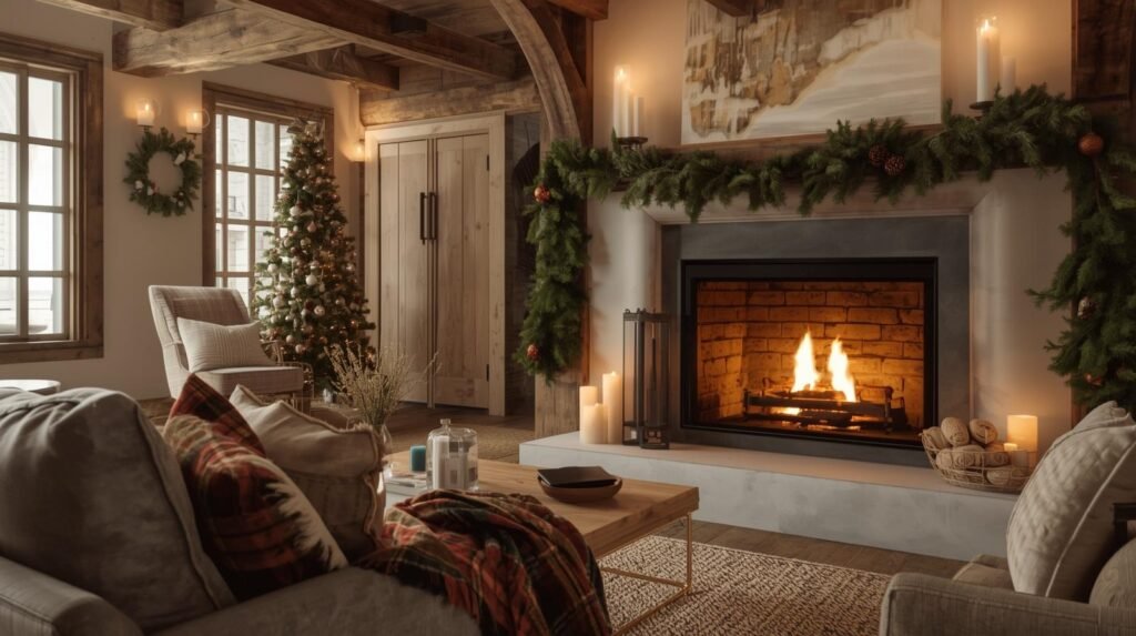 A cozy living room decorated for Christmas in rustic style.