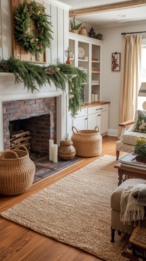 A farmhouse living room styled with natural holiday decor. 