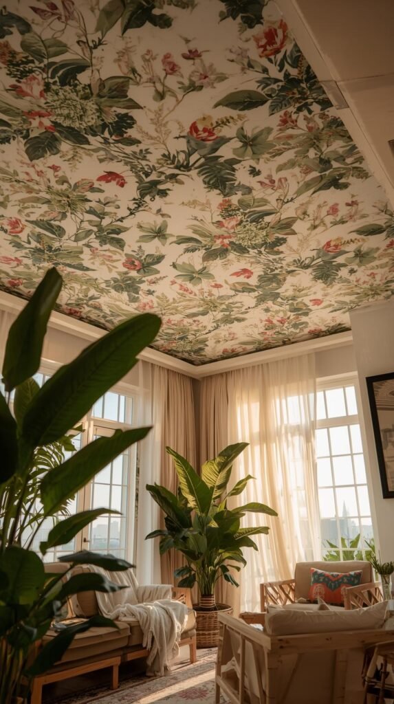 A fresh, airy living room with leafy botanical wallpaper on the ceiling, woven textures, green plants, light wood furniture, linen drapes.