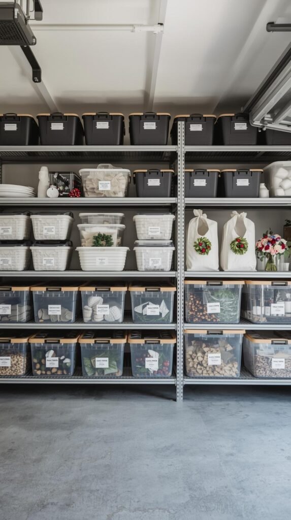 A fully organized storage wall with shelving, labeled bins, wreath bags, and clear containers, airy garage or storage room.