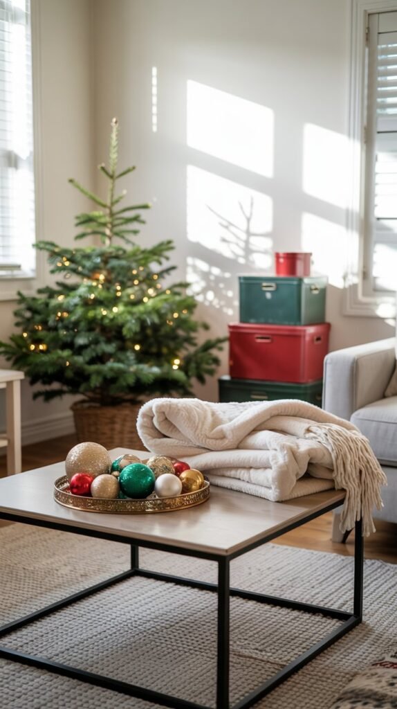 A half decorated Christmas tree in the background. 