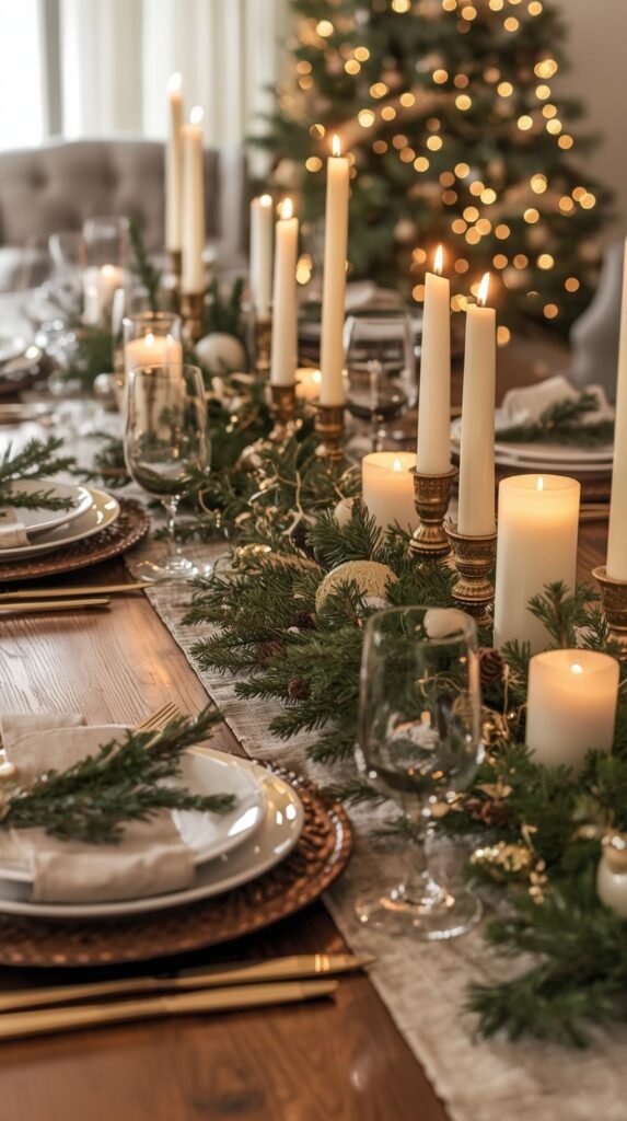 A holiday dining table set with linen runner, wood chargers, candles, evergreen branches, and gold accents. 