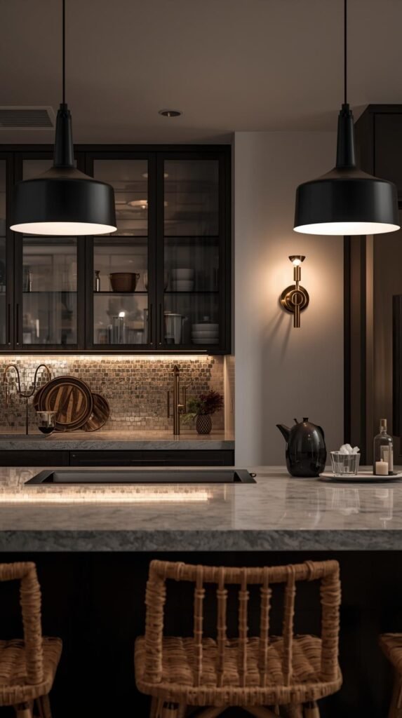 A kitchen scene featuring layered lighting: black pendant lights over an island, brass sconces by the backsplash