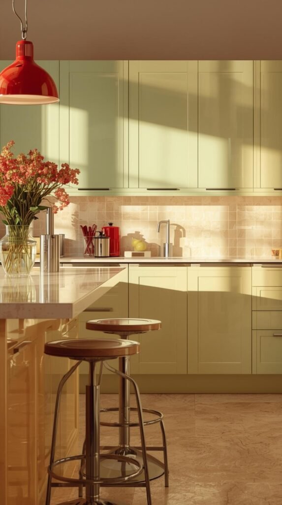 A kitchen scene in mint green and butter yellow with cherry-red accents, glossy cabinets, chrome stools, and pastel appliances.