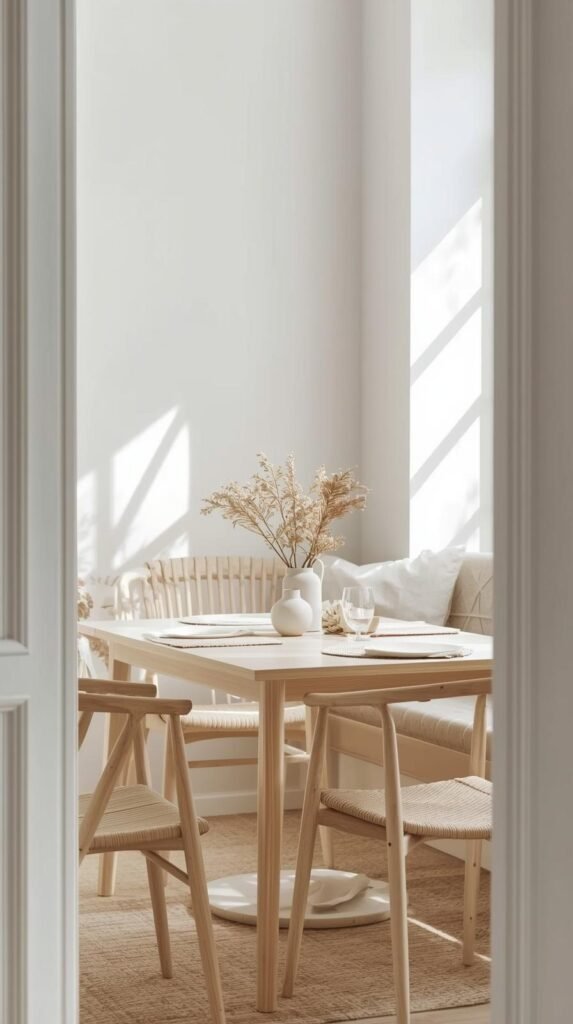 A light-filled breakfast nook with pale wood furniture, white walls, and woven textiles.