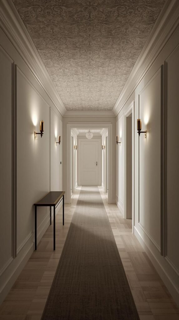 A long hallway with patterned wallpaper overhead, clean white walls, brass sconces, slim console table.