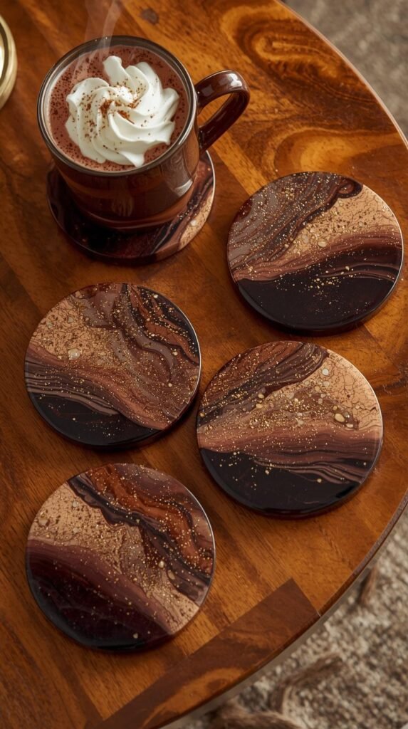 A mix of resin and cork coasters with gold flakes and festive designs, styled on a coffee table with a mug of cocoa.