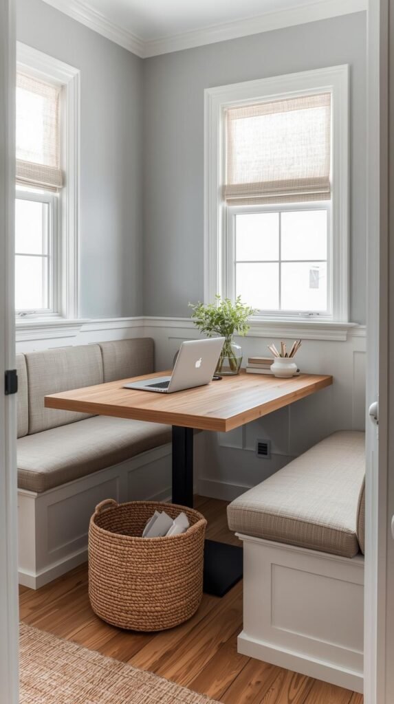 A modern breakfast nook that doubles as a small workspace. 