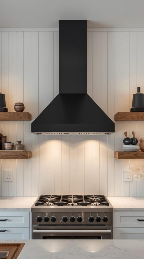 A modern kitchen backsplash made of white vertical shiplap extending to the ceiling. 