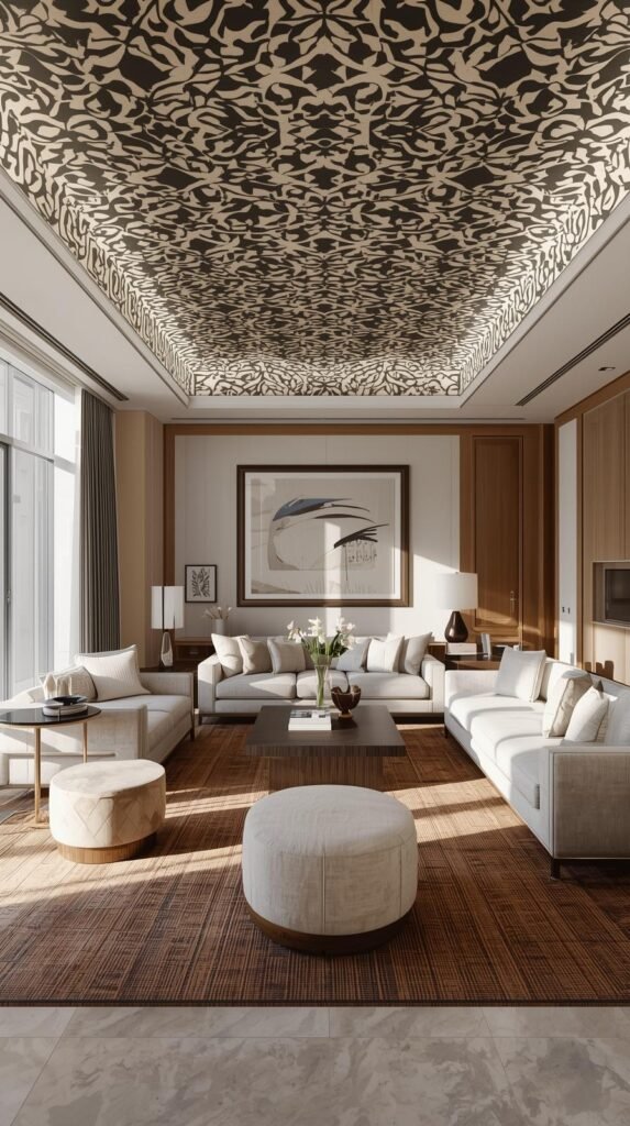A contemporary living room with an oversized floral wallpapered ceiling, muted furniture, linen sofa, natural wood coffee table, soft neutral palette, warm lighting.