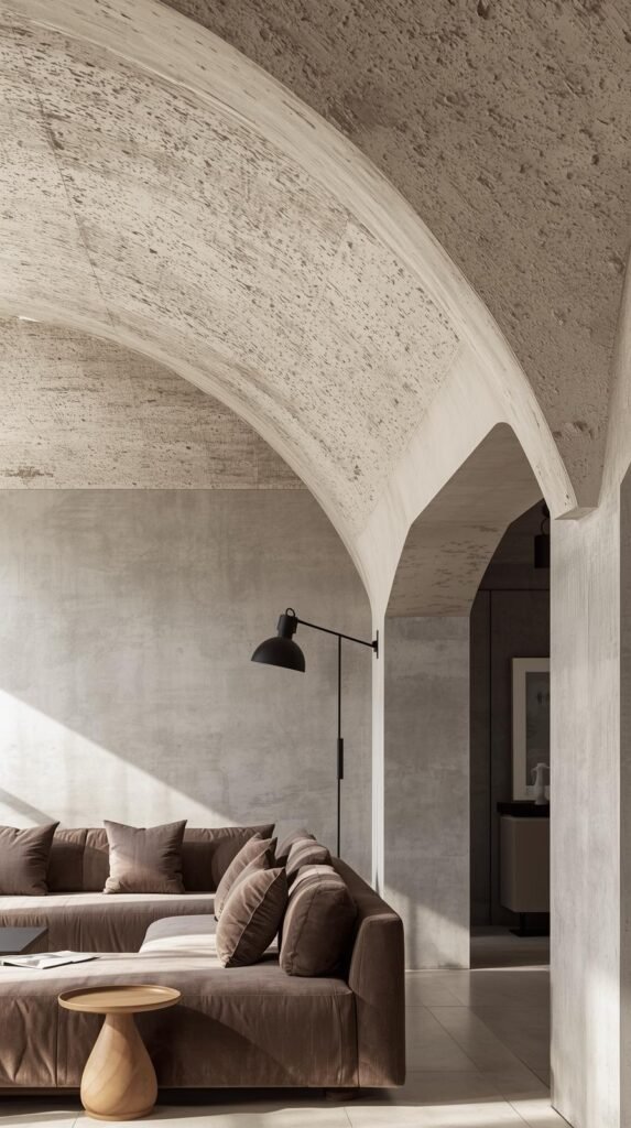 A modern minimalist living room with faux plaster wallpaper on the ceiling, taupe furniture, concrete accents, matte black lighting.