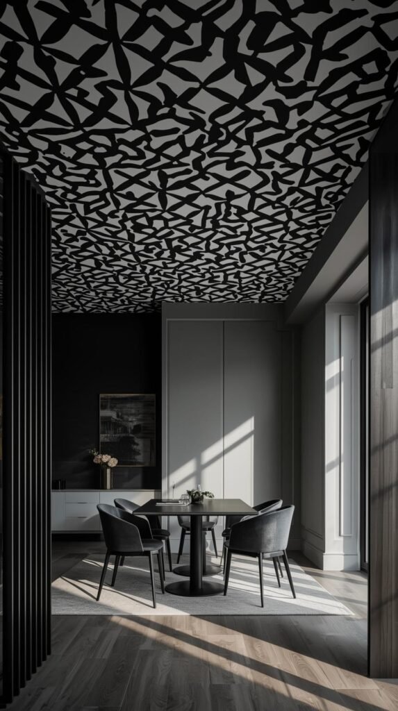 A modern office or dining room with black and white geometric wallpaper on the ceiling, clean-lined furniture, matte finishes, minimal styling.