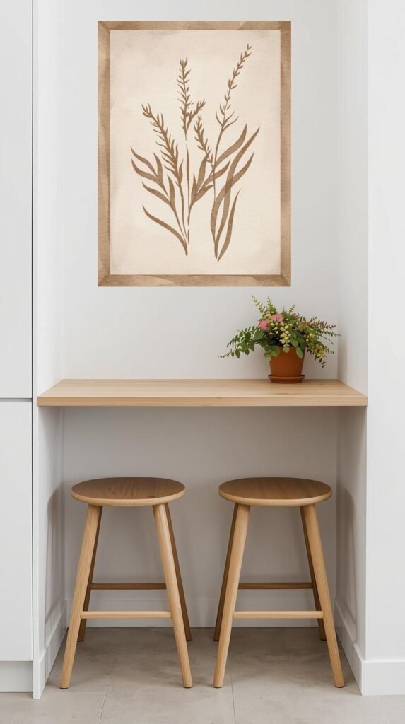 A modern small kitchen nook with a floating or fold-down wall-mounted table and two stools. 