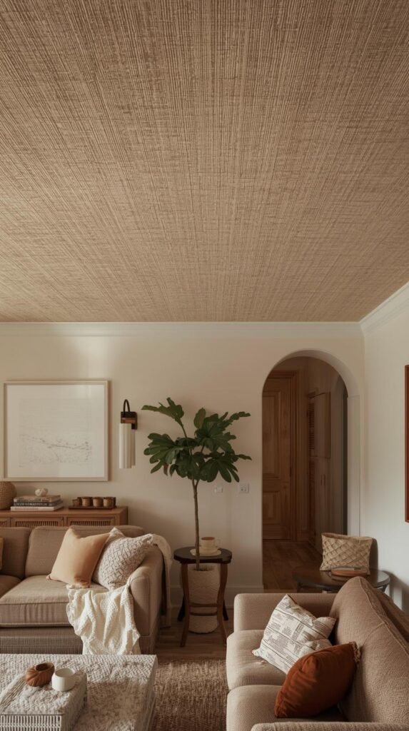 A neutral living room with faux grasscloth wallpaper on the ceiling, warm wood tones, natural textures, woven baskets, boucle sofa.