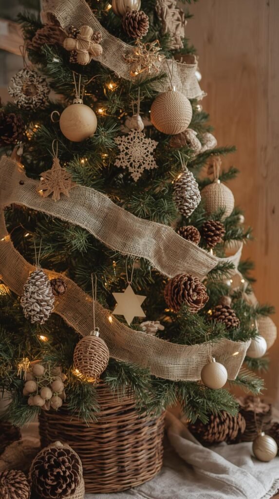 A rustic Christmas tree decorated with burlap ribbon, wooden ornaments, pinecones, and a woven basket base.