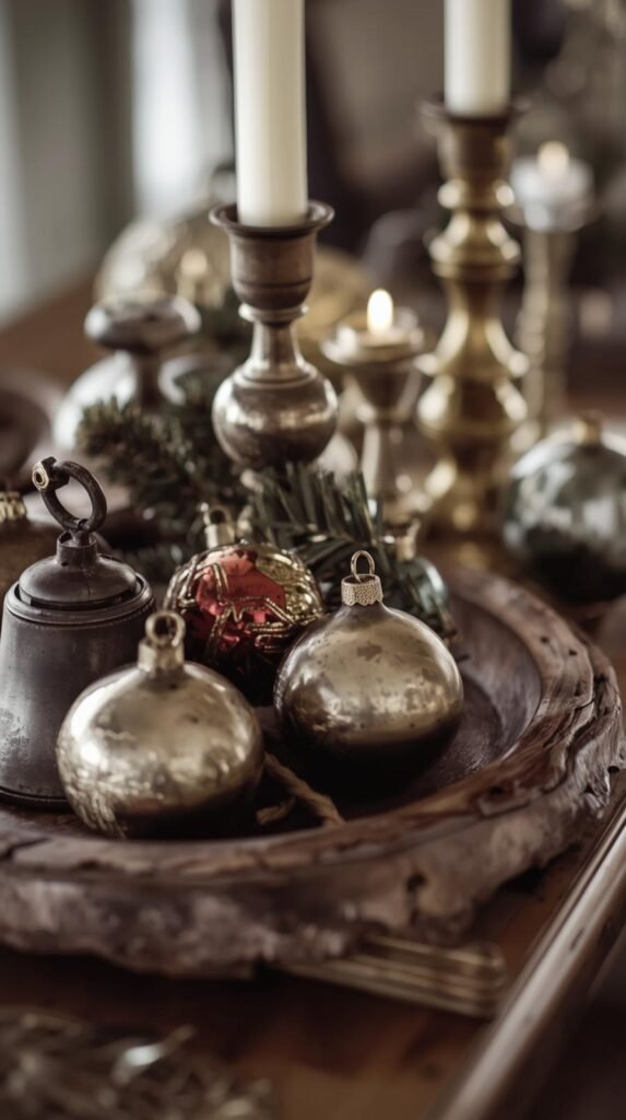A rustic Christmas vignette featuring vintage metal bells and mercury glass ornaments.