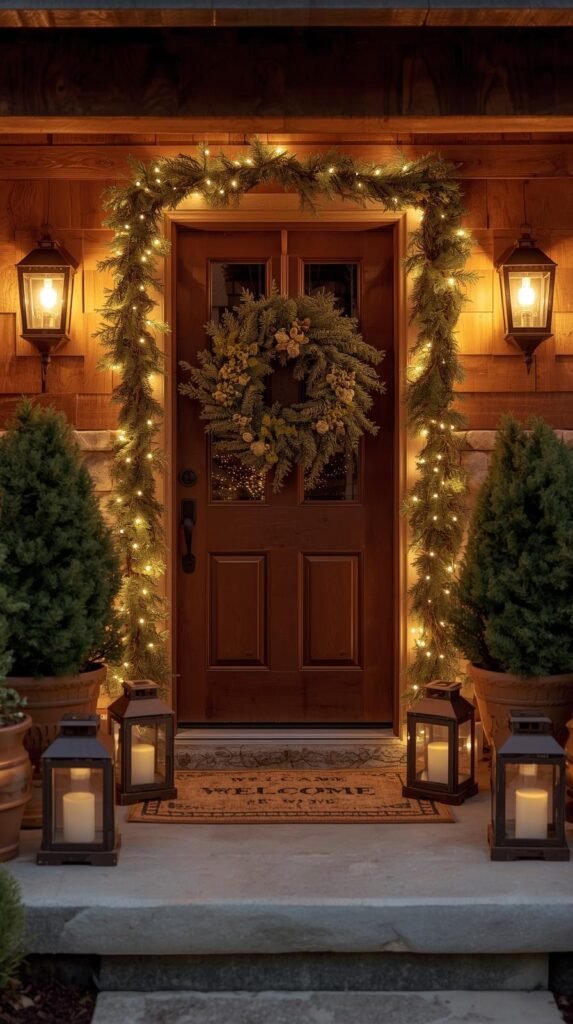 A rustic front porch decorated for Christmas with pine wreath, lanterns, potted evergreens, and layered doormat. 
